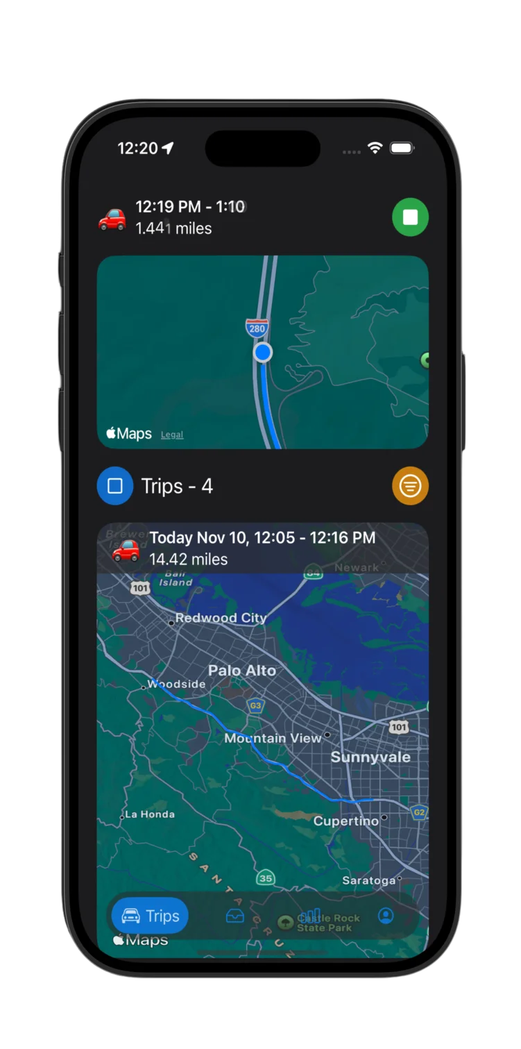 Mile Tracker+ Home Screen